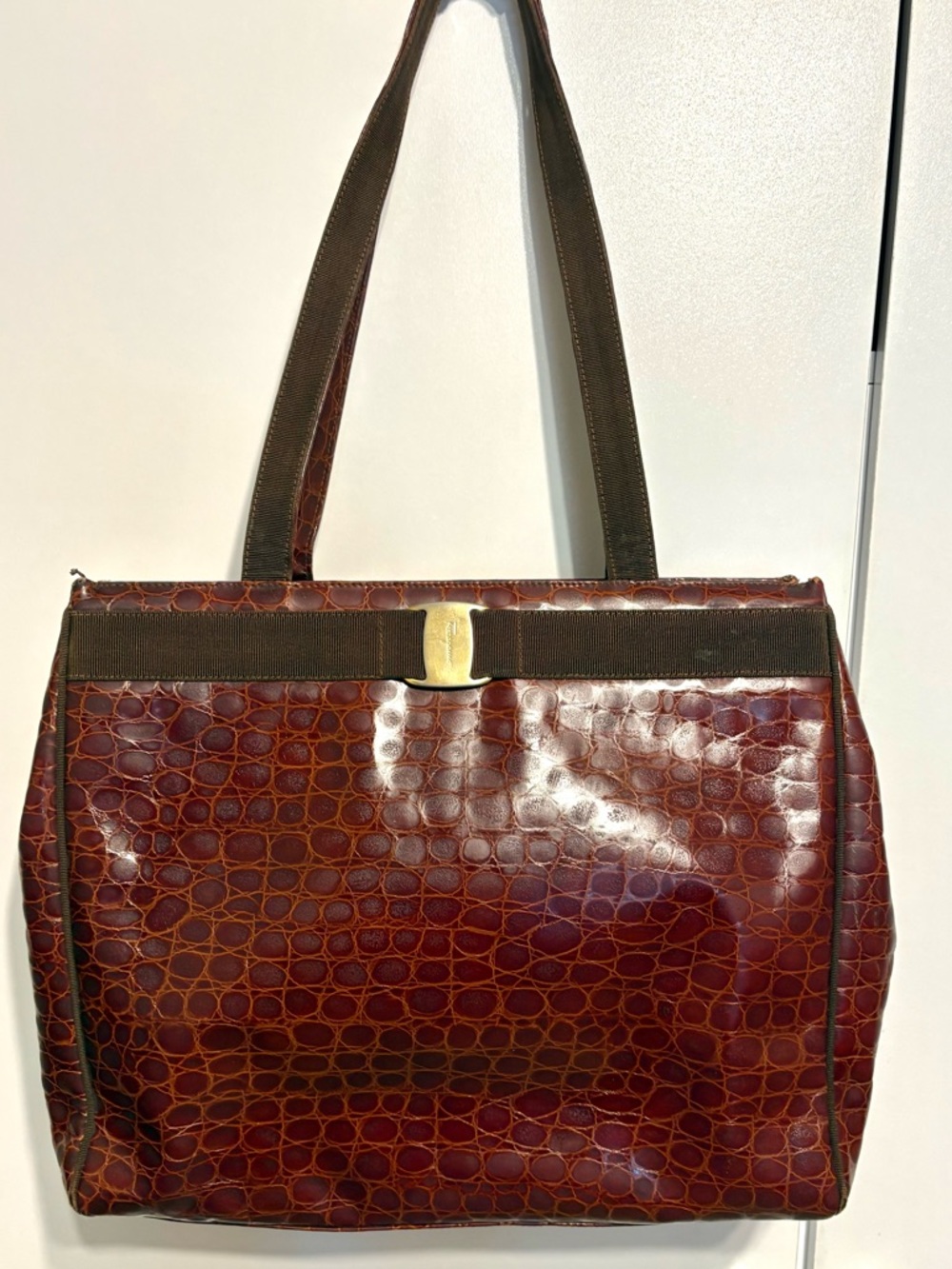 Salvatore Ferragamo Vara Ribbon Leather Tote Satchel Brown Croc Embossed